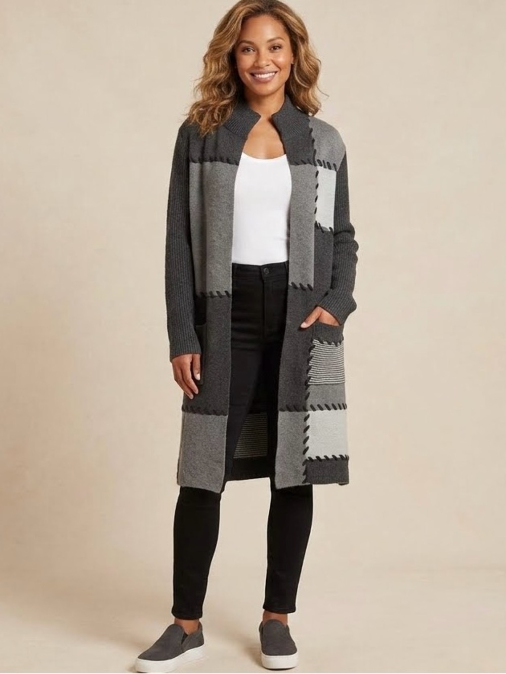 Joseph A Patchwork Open Front Cardigan Cottagecore Knit Sweater, Size L, NWT